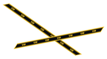Yellow and black stop tape barrier illustration. Caution warning ribbon for danger zone, restricted area, police line, safety sign, construction site, or security alert design.