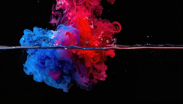 Vivid paint droplets dispersing in liquid medium. Underwater ink diffusion. Isolated ink plume merging against dark backdrop. Bright abstract pigment burst. Macro perspective