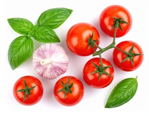 Fototapeta premium Top view of fresh cherry tomatoes, garlic, and basil leaves on a white background, showcasing vibrant colors and healthy ingredients.