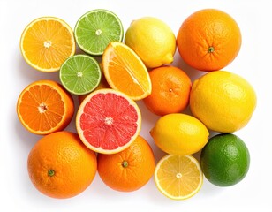 A vibrant assortment of fresh citrus fruits including oranges, lemons, limes, and grapefruits on a white background.