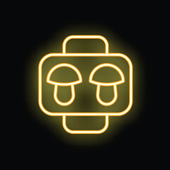 Yellow neon sign depicting a mushroom farm growing kit on a black background
