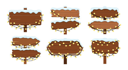 Festive winter wooden signs with snow and string lights