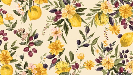 Seamless vector graphic featuring a flower design filled with fruit, ideal for business advertisements and promotional materials