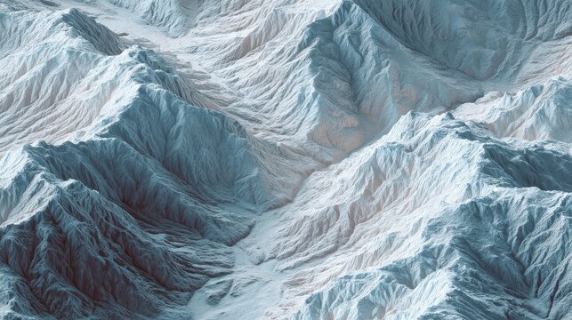 Abstract aerial view of intricate frozen mountain ridges and valleys.