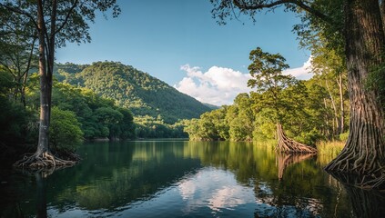 Stunning pristine scenery of a dam with water, summer vibes, travel, nature, wood, trees, landscape, and forest
