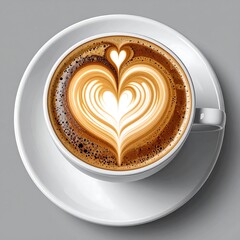 Overhead view of a cappuccino with intricate heart-shaped latte art