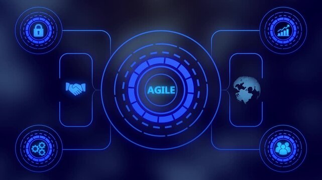 Futuristic digital interface displaying agile methodology concept with handshake and globe icons on dark blue background abstract technology network data flow