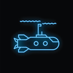 Blue neon icon of a submarine surfacing in the ocean depths