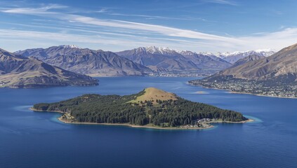Obraz premium Scenic view of a lake surrounded by mountains with a peninsula in the forefront