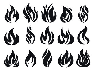 Blazing flames of various shapes. Black silhouette campfire flame set. Burning fire with tongues of flame, clipart. Vector campfire elements