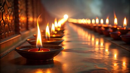 Row of lit oil lamps creating a warm glowing pathway of light and reflection