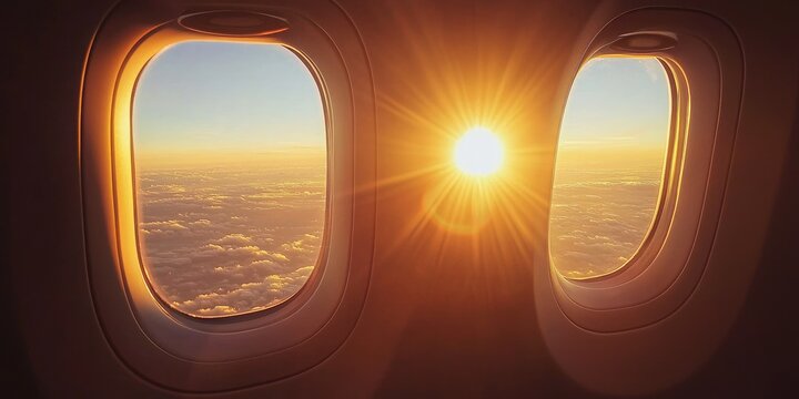 Two airplane windows with a view of the sun setting over the clouds.