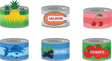Canned food vector, pineapple, salmon, cherries, fish, olives, tomato, preserved food packaging, grocery item, flat vector illustration