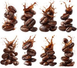 A vibrant and energetic collection of perfectly roasted Coffee Beans, artfully stacked in unique piles with dynamic liquid splashes, showcasing coffee intensity