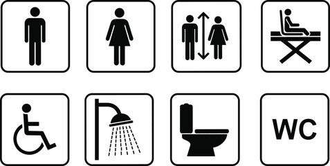 Public restroom icons set, male female toilet signs, shower wheelchair WC symbols, hygiene facility pictograms collection, flat vector illustration