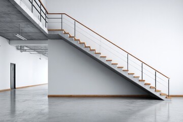 Modern interior space features an ascending concrete staircase with wooden treads and minimalist metal railing