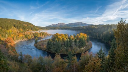 Obraz premium Autumn scenery featuring a river and mountains, showcasing seasonal change