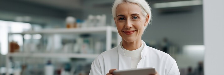Confident elderly caucasian female scientist holding tablet in modern laboratory