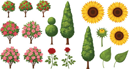 Beautiful garden plants collection, trees, roses, sunflowers, flower bushes, green leaves, nature decoration elements, landscape gardening concept, flat vector illustration