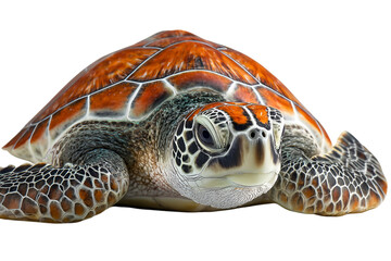 Close-up of a majestic sea turtle with detailed shell and face underwater