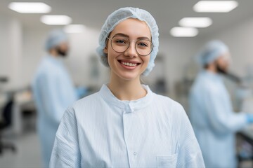 Young caucasian female scientist smiling in laboratory environment