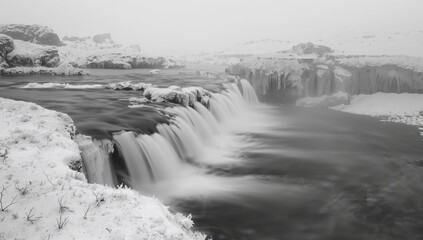 Frozen cascade captured in monochrome during winter with snow and ice