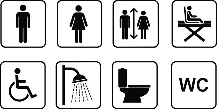 Public restroom icons set, male female toilet signs, shower wheelchair WC symbols, hygiene facility pictograms collection, flat vector illustration