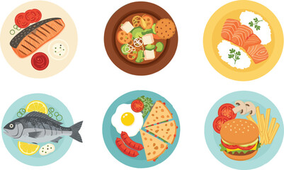 Delicious food variety on plates, grilled salmon, soup, sushi, fish, pizza, burger, breakfast meal collection, international cuisine, flat vector illustration