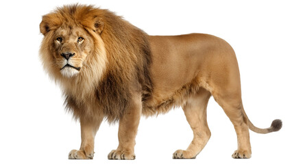 Majestic male lion with full mane stands proudly exhibiting regal presence and power