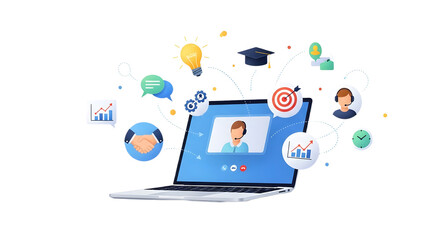 Laptop displaying a video call surrounded by business icons graphic