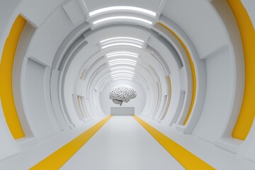 Fototapeta premium Futuristic white tunnel with abstract brain sculpture and yellow accents