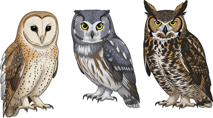 Different owl species illustration, barn owl, great horned owl, northern owl, detailed bird drawing, wildlife art, nocturnal birds, flat vector illustration