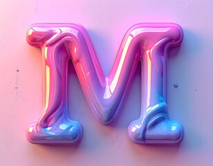 Glossy letter "M" in a gradient of pastel colors, rendered with a 3D effect, set against a textured background. Soft lighting creates highlights