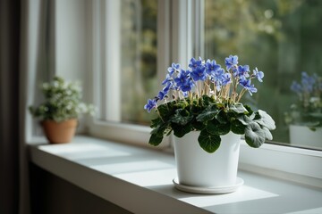 Fototapeta premium Blue flowers in white pot on sunny windowsill