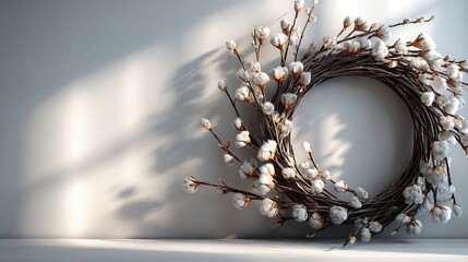 candinavian-style cotton wreath made of twigs on a neutral wall, side light creating long soft shadows, clean minimal background, copy space