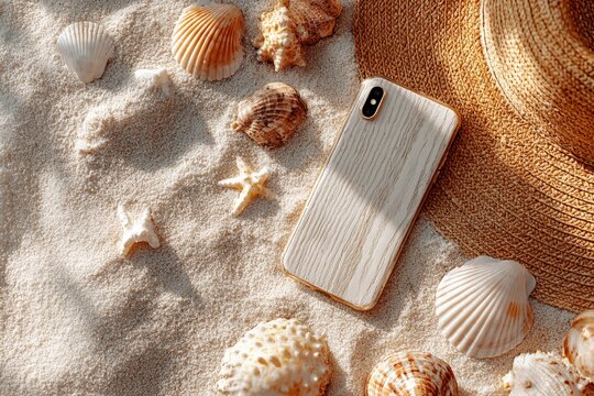 Smartphone on sand with shells. Generative AI
