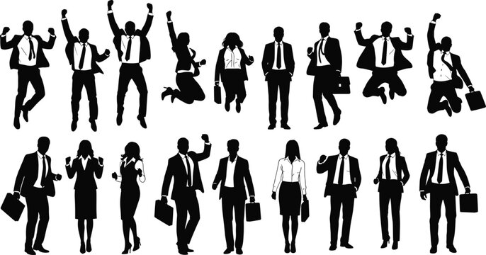 Business people celebrating success, teamwork achievement, corporate professionals jumping with joy, motivation and victory concept, silhouette group illustration, flat vector illustration - Powered by Adobe
