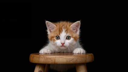 Obraz premium Adorable red and white harlequin kitten hiding behind a small wooden stool, gazing inquisitively at the camera on a dark backdrop.