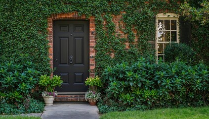 Ivy-covered brick house entrance with a black door and potted plants, seasonal maintenance