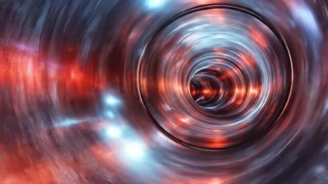 An abstract, swirling tunnel of color and light, depicting space, with red, blue and black