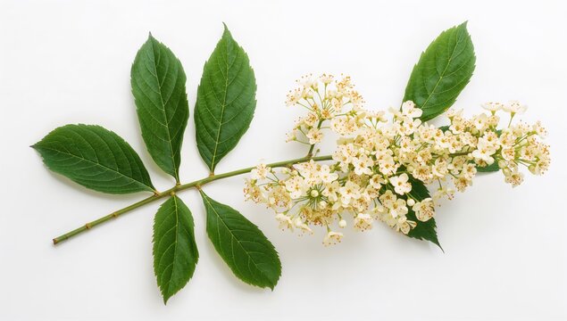 Isolated elderberry (Sambucus nigra) bloom with foliage on a white backdrop. Top-down perspective, flat lay.