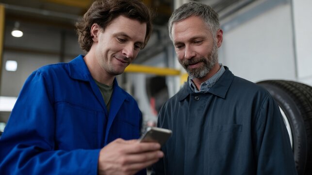 Two Caucasian men sharing a moment of digital enlightenment in a retrofuturistic garage, evoking World Friendship Day vibes