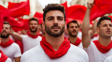 A spirited parade of young Caucasian men in vibrant crimson scarves, capturing San Fermin essence amid urban fervor
