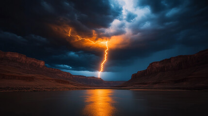 Electrifying bolt pierces twilight canyon, echoing ancient solstice rituals, nature's power symphony during Storm Chasers' Festival