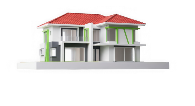 Modern architectural model of a twostory house with a red roof and green accents, isolated on transparent background