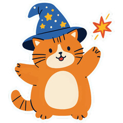 Chubby Cat Wearing Tiny Wizard Hat Casting Sparkle Spell | Cute Magical Kitty Performing Adorable Spell | Kawaii Wizard Cat with Sparkling Magic Effect | Charming Chubby Cat Sorcerer Illustration 
