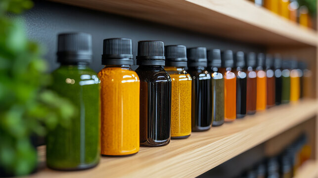 Rows of vivid elixirs in glass vials whisper alchemical secrets, evoking Samhain magic and holistic apothecary traditions