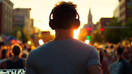 DJ silhouette against urban sunset, electronic beats echoing during MaerzMusik festival, creating soundscape under celestial glow