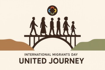Silhouettes of diverse migrants walking across a bridge for International Migrants Day. United journey concept with a family group. Symbolic illustration about immigration, refugees, and unity