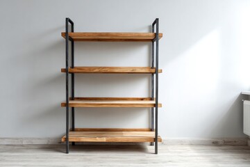 Industrial style shelving unit with wooden tiers stands against a pale interior wall